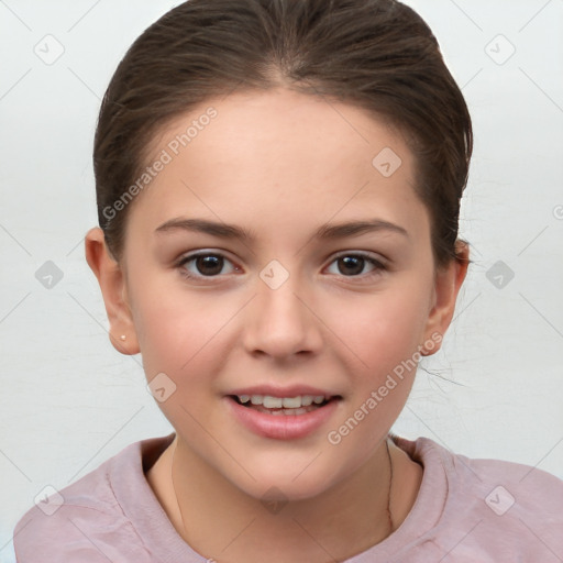 Joyful white child female with medium  brown hair and brown eyes