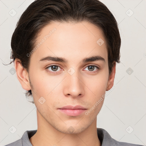 Neutral white young-adult male with short  brown hair and brown eyes