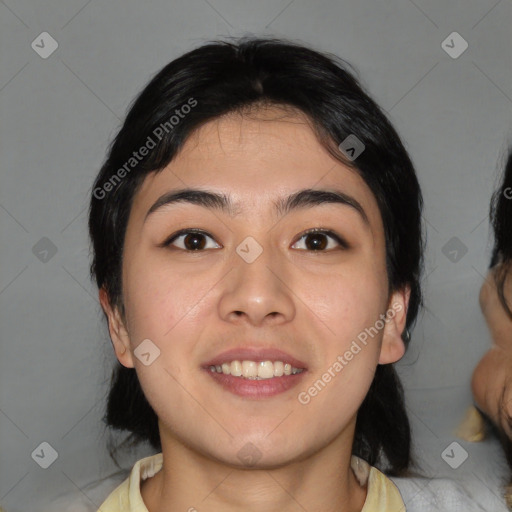 Joyful asian young-adult female with medium  black hair and brown eyes