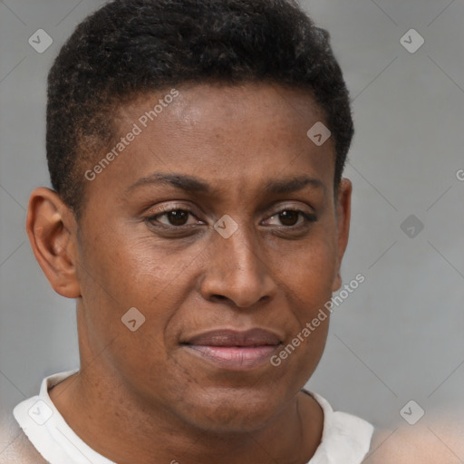 Joyful black young-adult male with short  brown hair and brown eyes