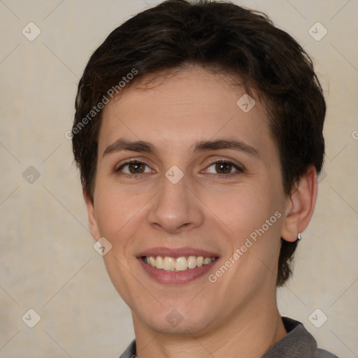 Joyful white young-adult female with short  brown hair and brown eyes