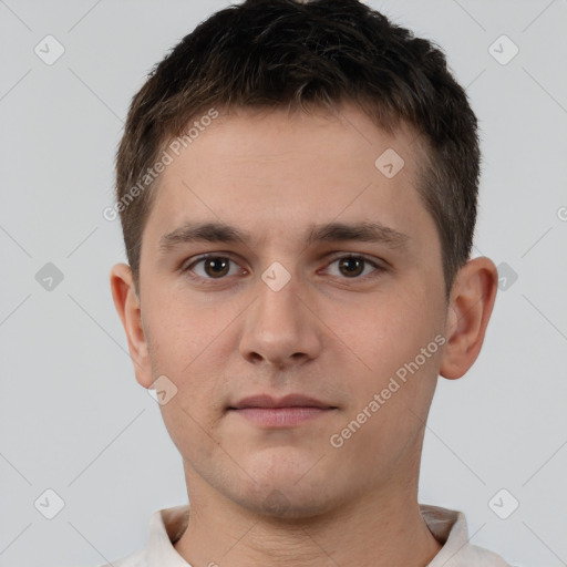 Neutral white young-adult male with short  brown hair and brown eyes