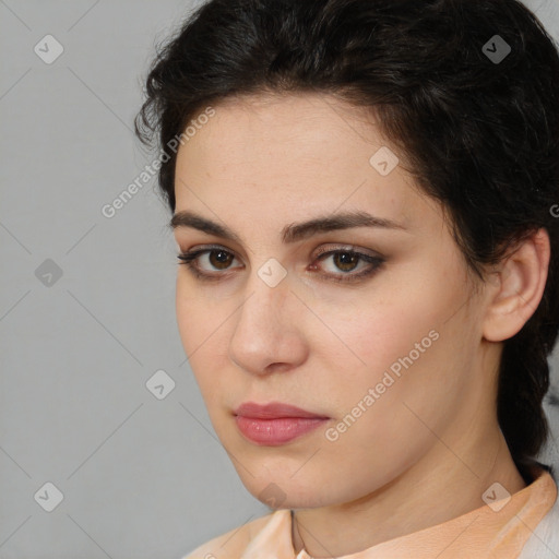 Neutral white young-adult female with short  brown hair and brown eyes