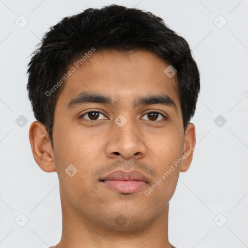 Neutral asian young-adult male with short  brown hair and brown eyes