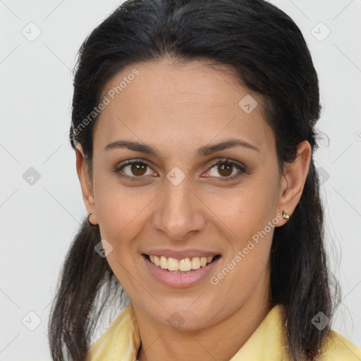 Joyful white young-adult female with medium  brown hair and brown eyes