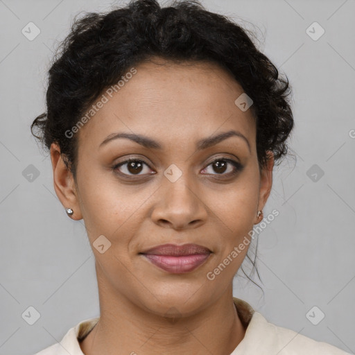 Joyful latino young-adult female with short  brown hair and brown eyes