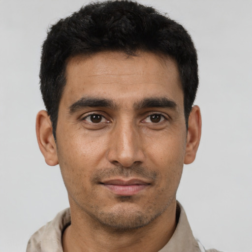 Neutral latino young-adult male with short  black hair and brown eyes