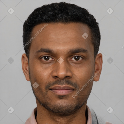 Neutral latino young-adult male with short  black hair and brown eyes