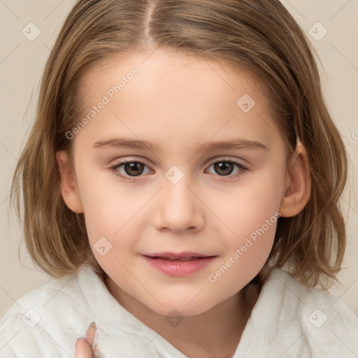 Joyful white child female with medium  brown hair and brown eyes