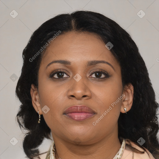 Joyful black young-adult female with medium  brown hair and brown eyes