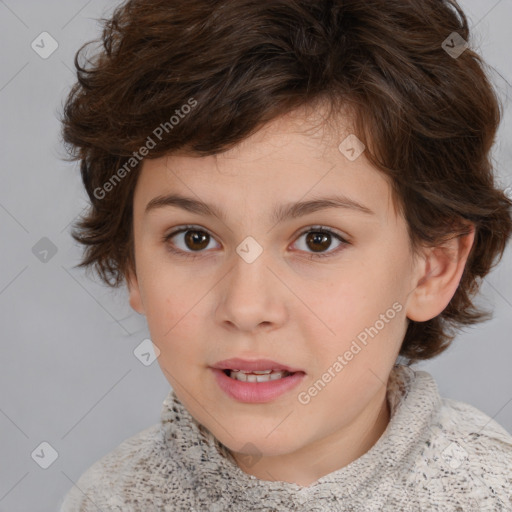 Joyful white child female with medium  brown hair and brown eyes