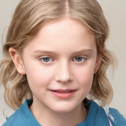 Joyful white child female with medium  brown hair and blue eyes