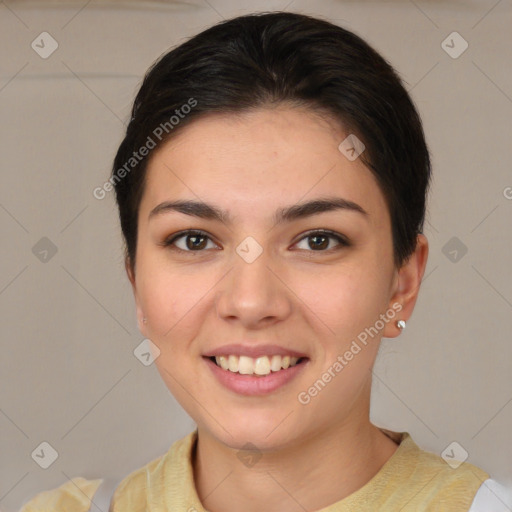 Joyful white young-adult female with short  brown hair and brown eyes