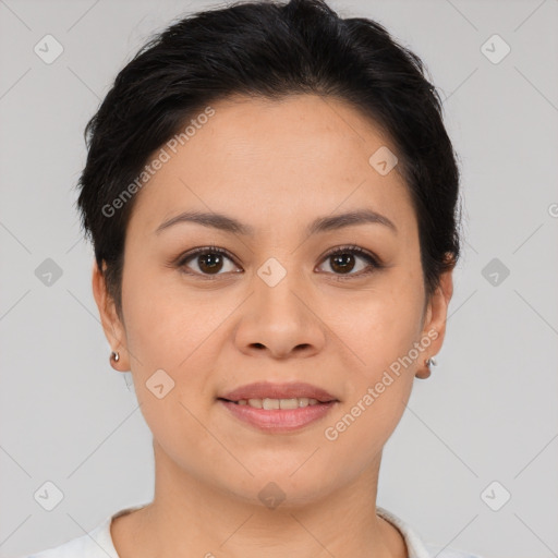 Joyful asian young-adult female with short  brown hair and brown eyes