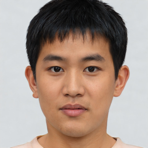 Neutral asian young-adult male with short  black hair and brown eyes