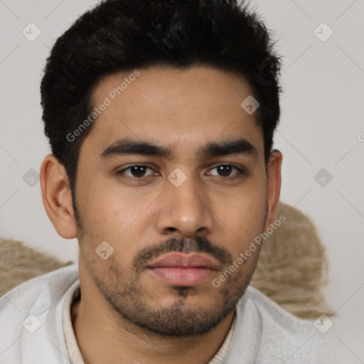 Neutral latino young-adult male with short  black hair and brown eyes