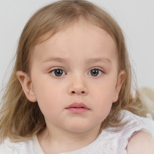 Neutral white child female with medium  brown hair and blue eyes