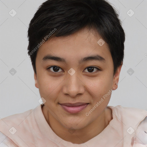 Joyful asian young-adult female with short  brown hair and brown eyes