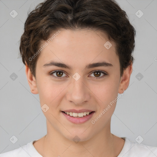 Joyful white young-adult female with short  brown hair and brown eyes