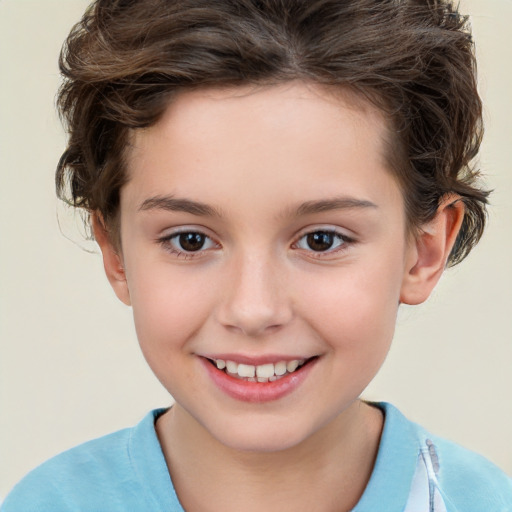 Joyful white child female with short  brown hair and brown eyes