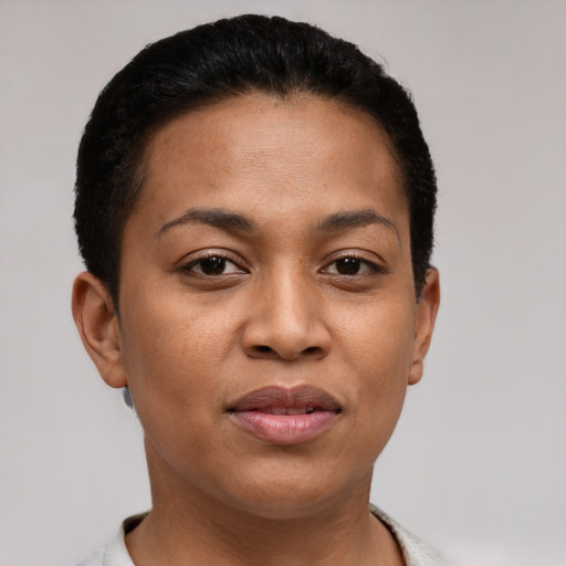 Joyful latino young-adult female with short  brown hair and brown eyes