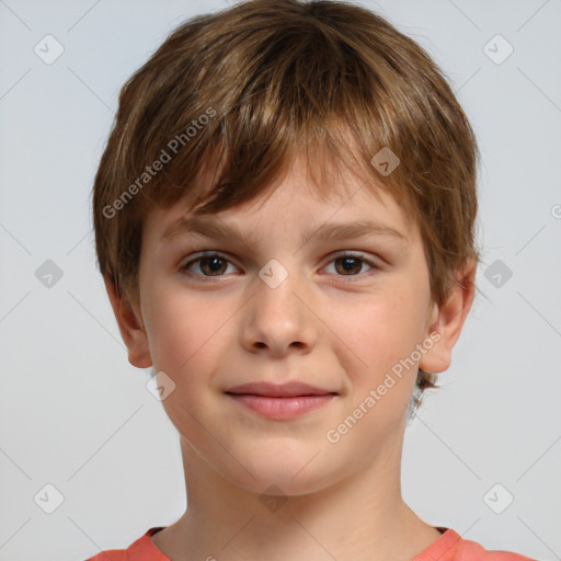 Joyful white child male with short  brown hair and brown eyes