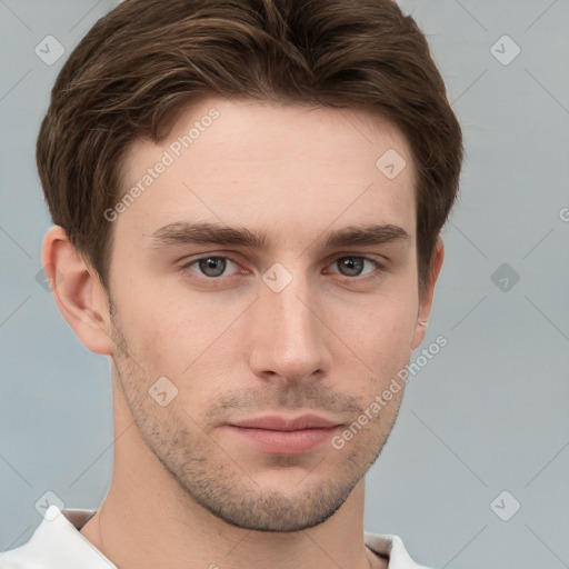 Neutral white young-adult male with short  brown hair and grey eyes