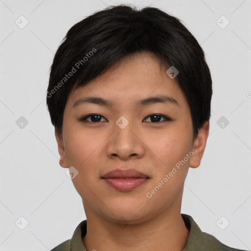 Joyful asian young-adult female with short  black hair and brown eyes