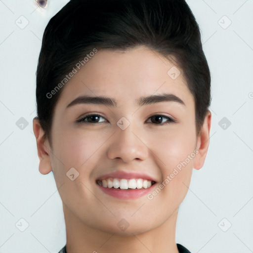 Joyful white young-adult female with short  black hair and brown eyes