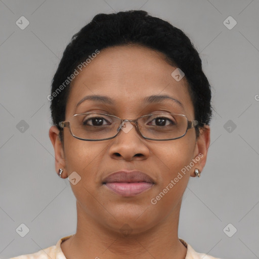 Joyful asian adult female with short  brown hair and brown eyes