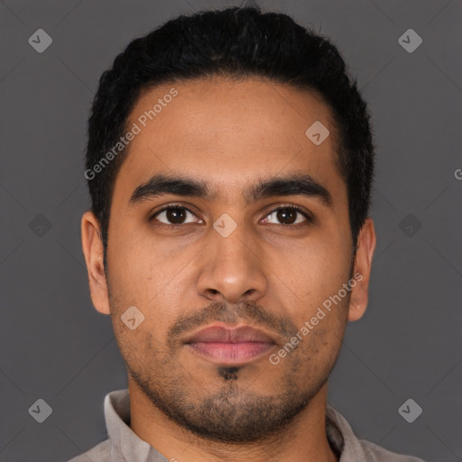 Neutral latino young-adult male with short  black hair and brown eyes