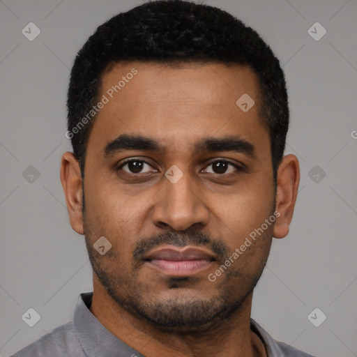 Neutral black young-adult male with short  black hair and brown eyes