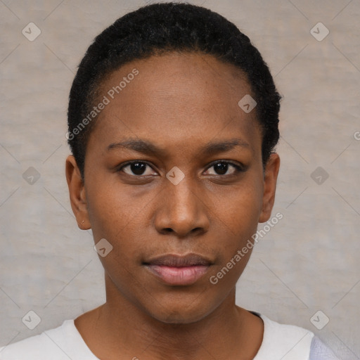 Neutral black young-adult female with short  black hair and brown eyes