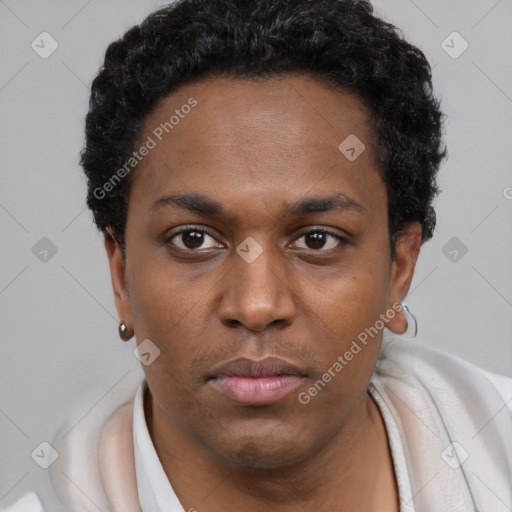 Neutral black young-adult male with short  brown hair and brown eyes