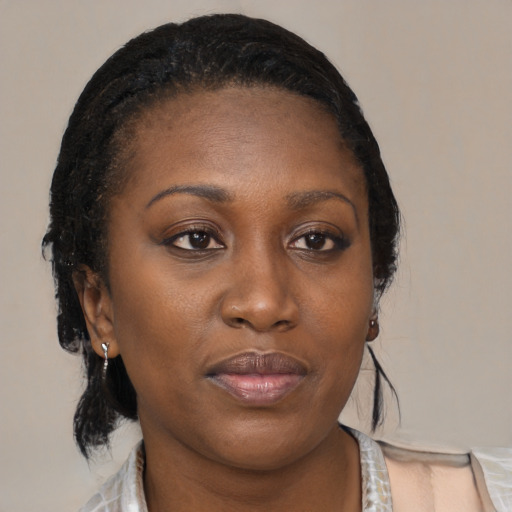 Neutral black adult female with medium  black hair and brown eyes