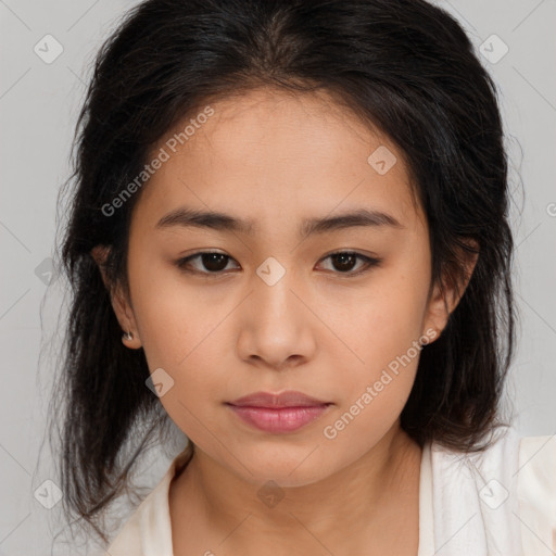 Neutral asian young-adult female with medium  brown hair and brown eyes