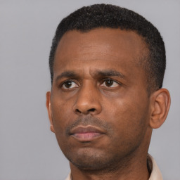 Neutral black adult male with short  black hair and brown eyes