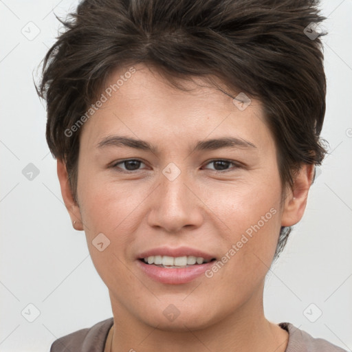 Joyful white young-adult female with short  brown hair and brown eyes