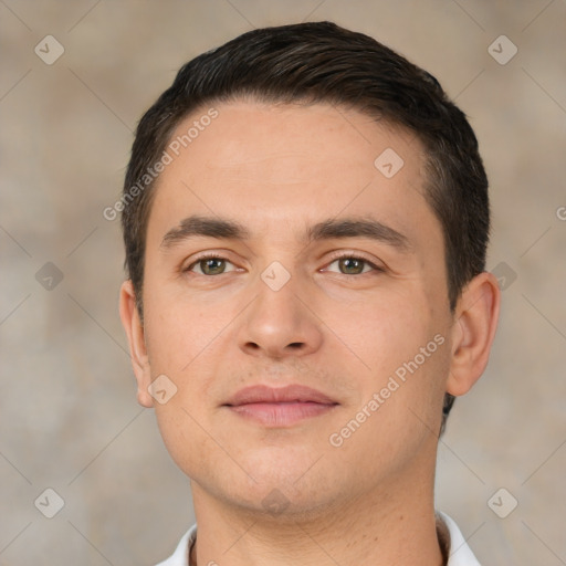 Neutral white young-adult male with short  brown hair and brown eyes