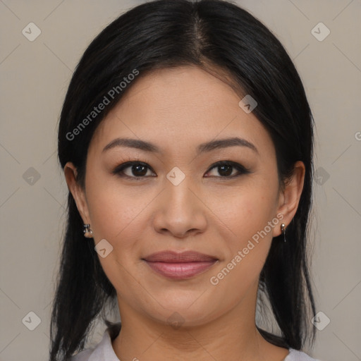 Joyful asian young-adult female with medium  black hair and brown eyes