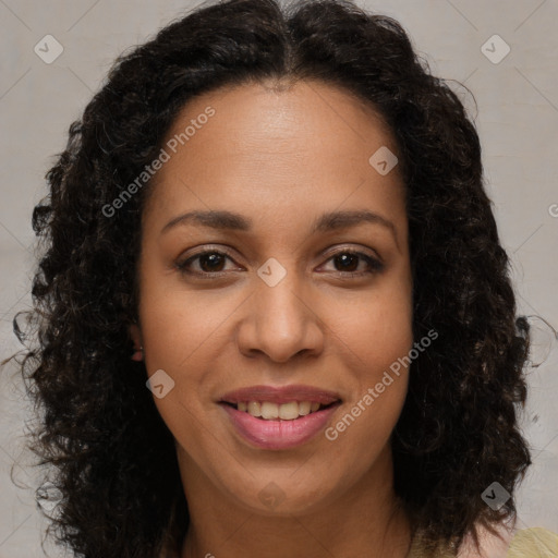 Joyful latino young-adult female with long  brown hair and brown eyes