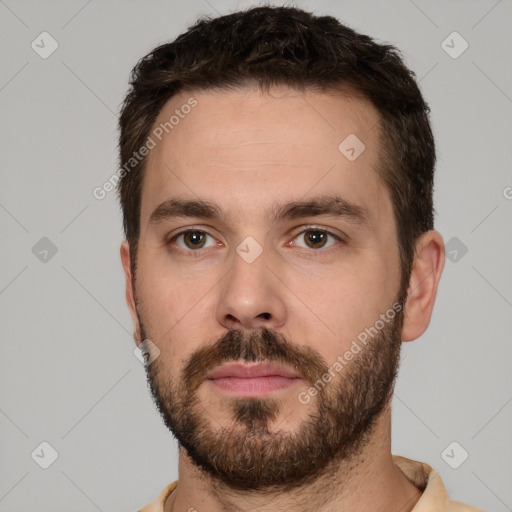 Neutral white young-adult male with short  brown hair and brown eyes