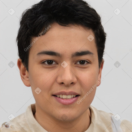 Joyful latino young-adult male with short  brown hair and brown eyes