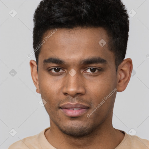 Neutral latino young-adult male with short  black hair and brown eyes