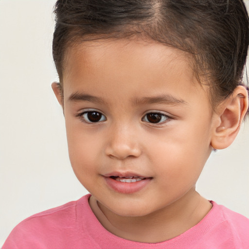 Joyful white child female with short  brown hair and brown eyes