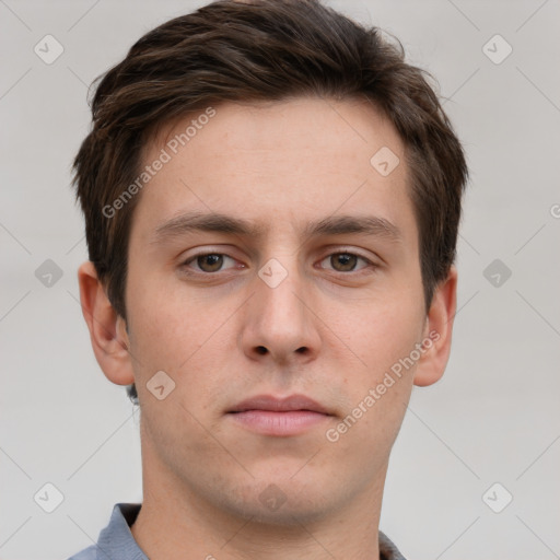 Neutral white young-adult male with short  brown hair and grey eyes