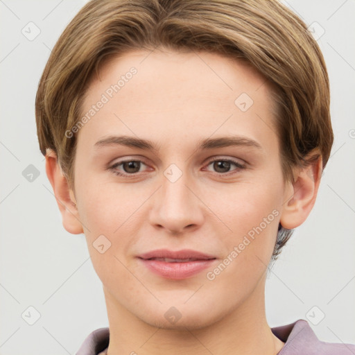 Joyful white young-adult female with short  brown hair and grey eyes