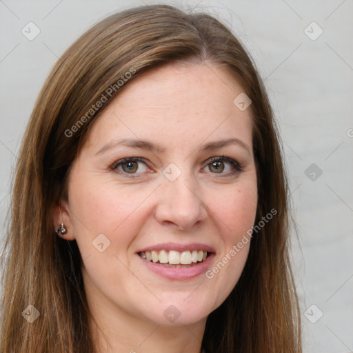 Joyful white young-adult female with long  brown hair and grey eyes