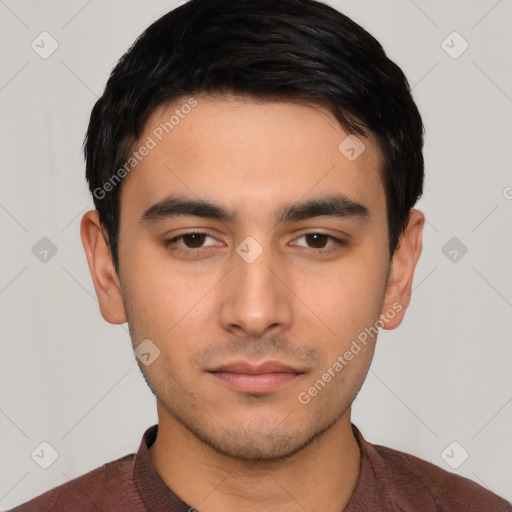 Neutral latino young-adult male with short  black hair and brown eyes