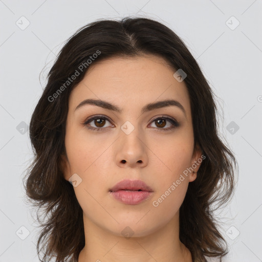 Neutral asian young-adult female with long  brown hair and brown eyes